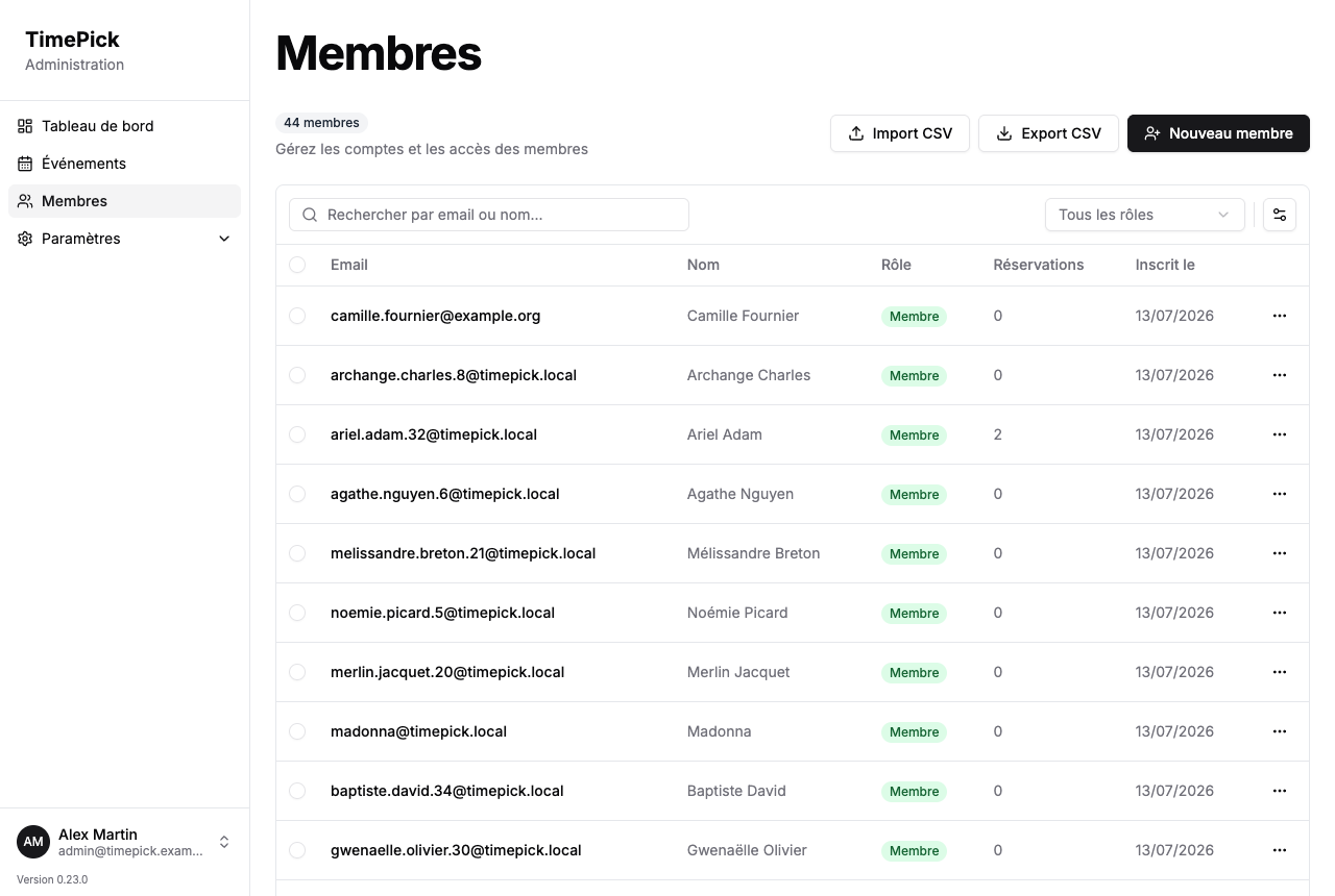Écran Membres — tableau, recherche et actions